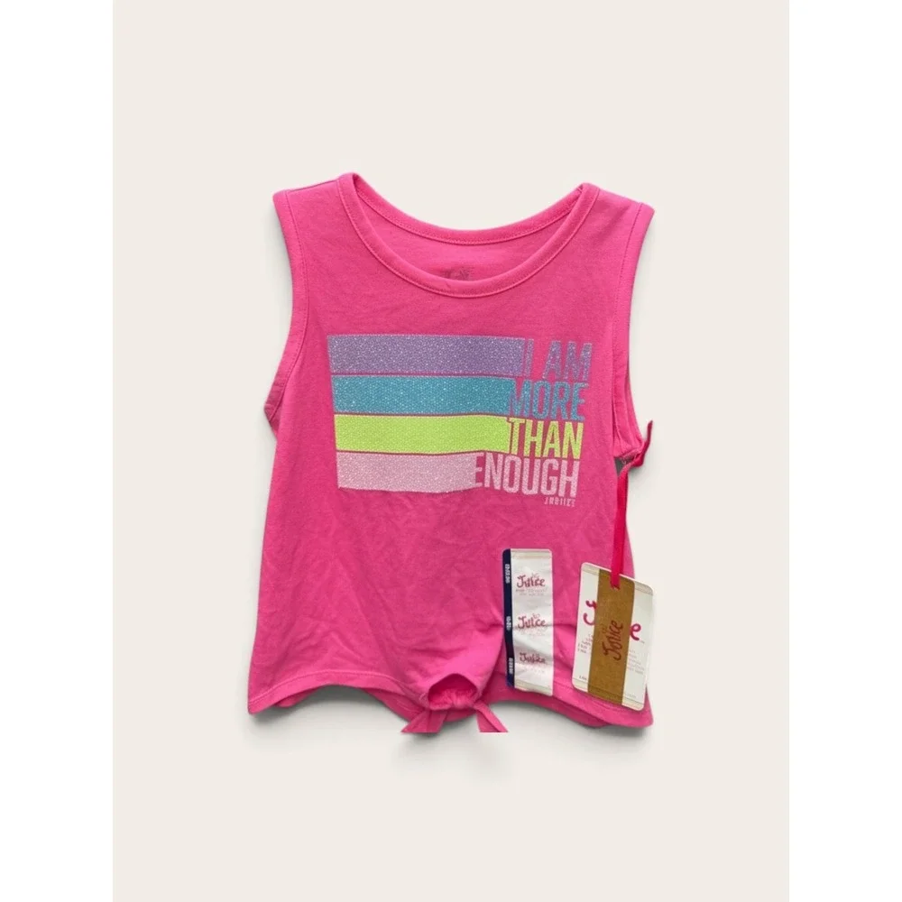 Justice Girls Pink I Am More Than Enough Glitter Graphic Tie Front Tank Top XS